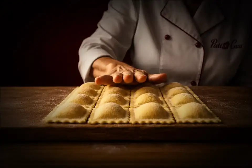 Las manos del chef acomodando raviolis recién cortados sobre la tabla enharinada
